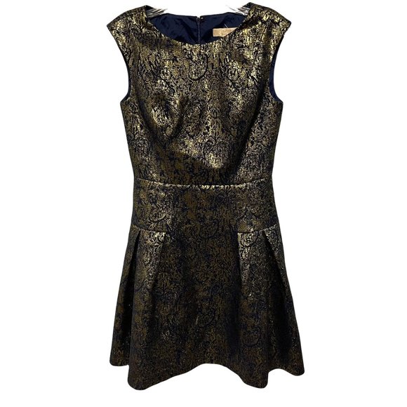 Aidan Mattox Size 2 Navy Gold Metallic Brocade Fit and Flare Cocktail Dr… - Picture 2 of 6